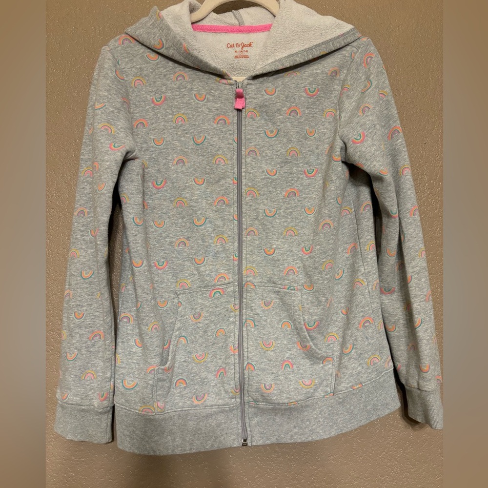 Cat & Jack Girls Hoodie with zipper Size XL/14/16 Gray with rainbows